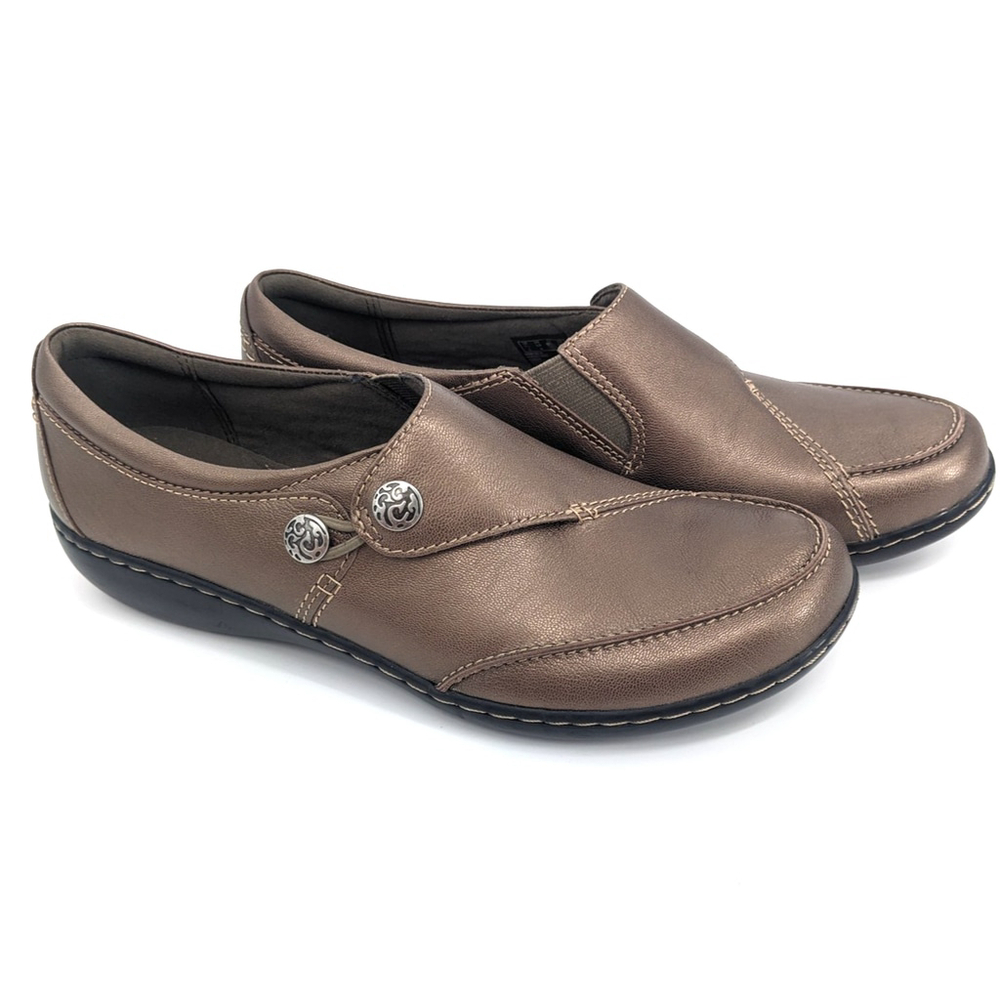 Clarks Ashland Lane Q Shoes Womens Size 10N Brown Pewter Loafer Comfort Slip On‎